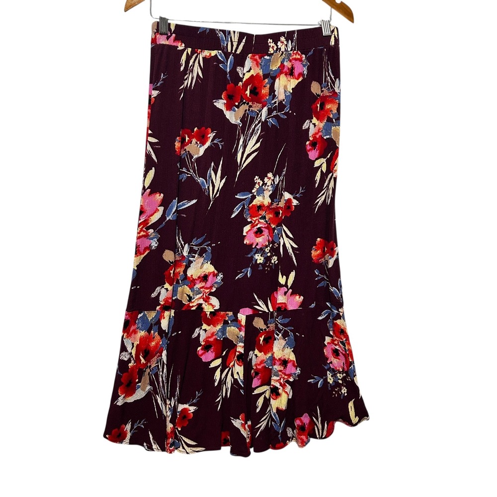 Xhilaration Floral Print High Low Ruffle Hem Skirt M Maroon Floral Whimsigoth